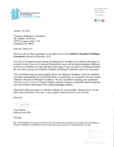 Childrens Hospital of Michigan Thank You Letter
